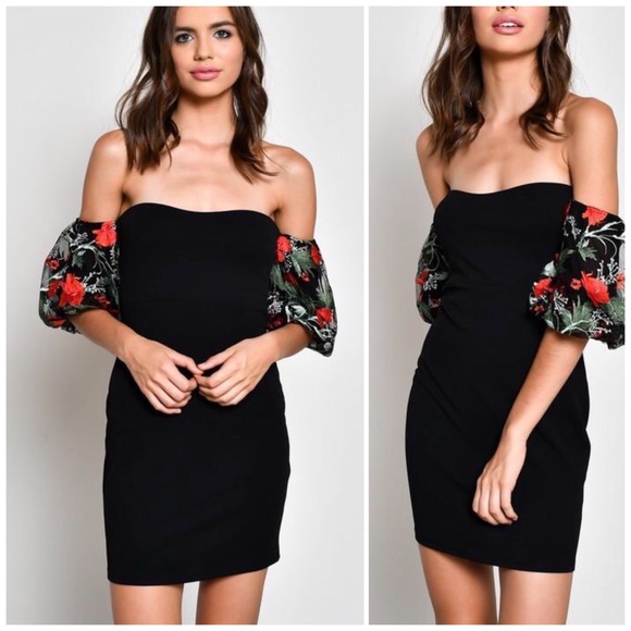 ❗️CLOSING SALE❗️Black StraplessFloral Sleeve Dress - Picture 3 of 3